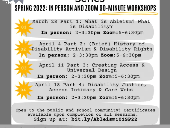 Flyer for the Ableism 101 Spring 22 Series