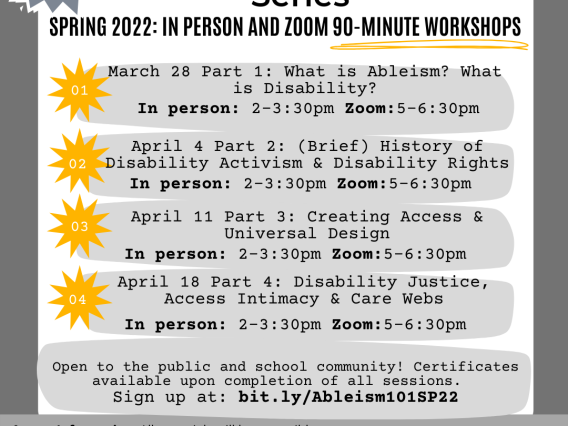 Flyer for the Ableism 101 Spring 22 Series