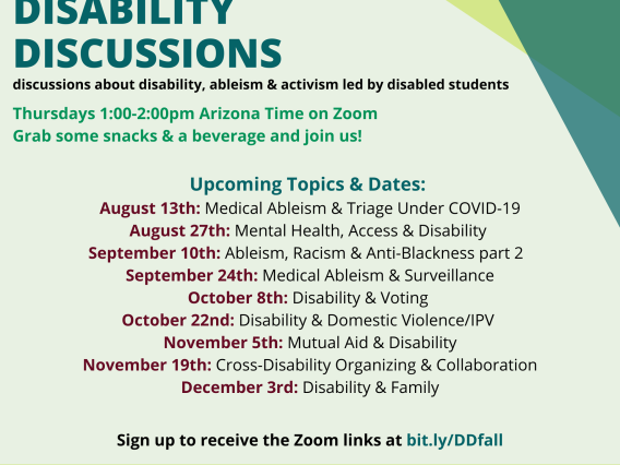 Flyer for Disability Discussions with dates and titles