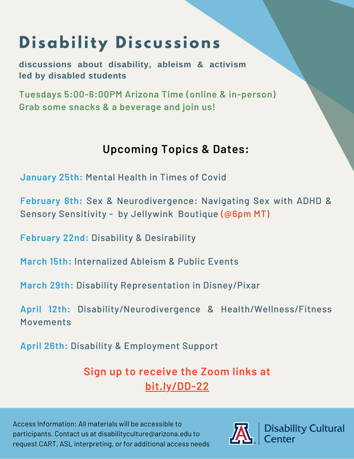 Flyer for Spring 22 Disability Discussions