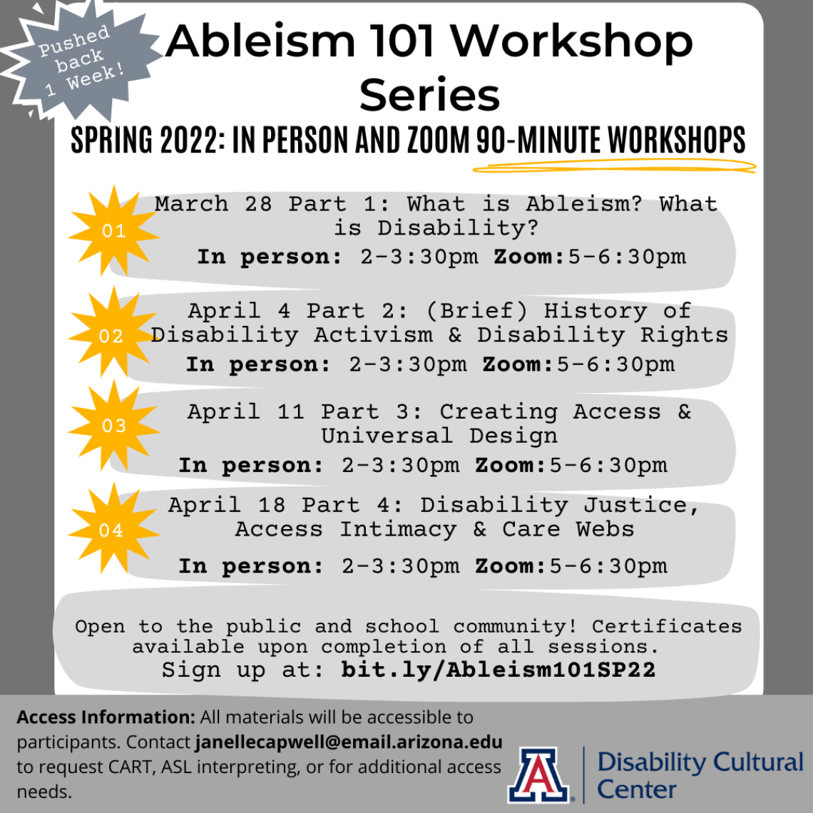 Flyer for the Ableism 101 Spring 22 Series
