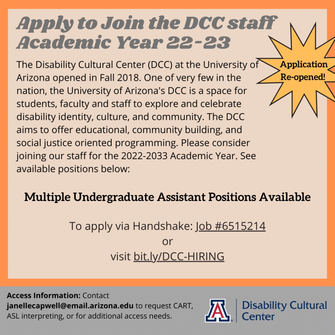 Flyer announcement for the DCC's Undergraduate positions