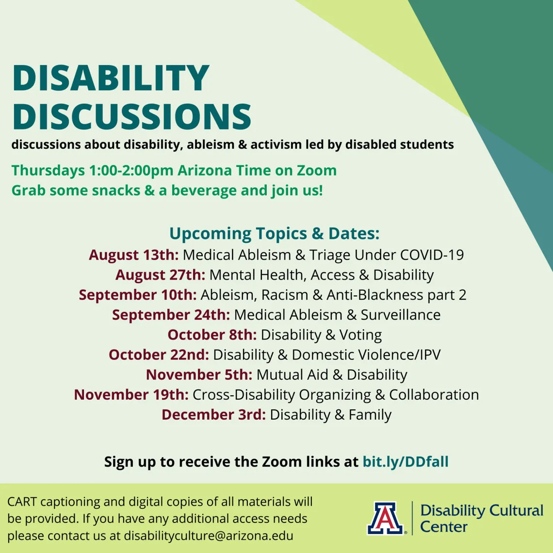 Flyer for Disability Discussions with dates and titles