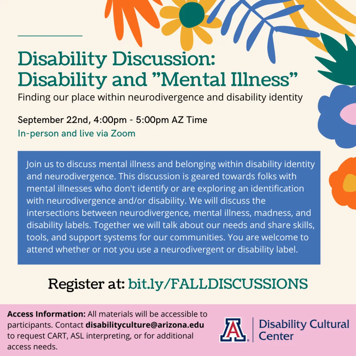 A flyer for the Disability and Mental Illness Disability Discussion