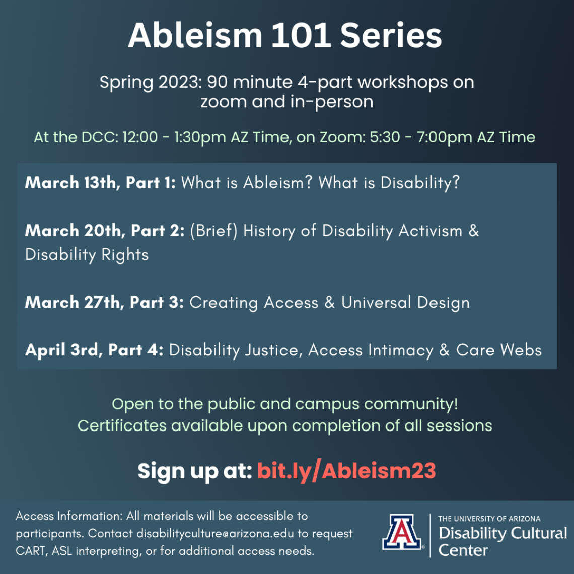 Flyer for Spring 2023 Ableism 101 Series