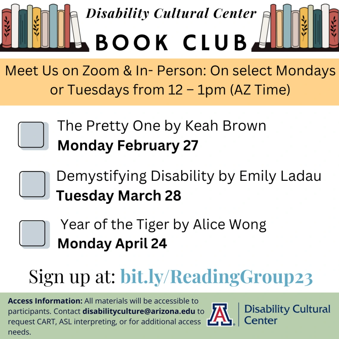 Flyer for DCC Book Club for Spring 2023