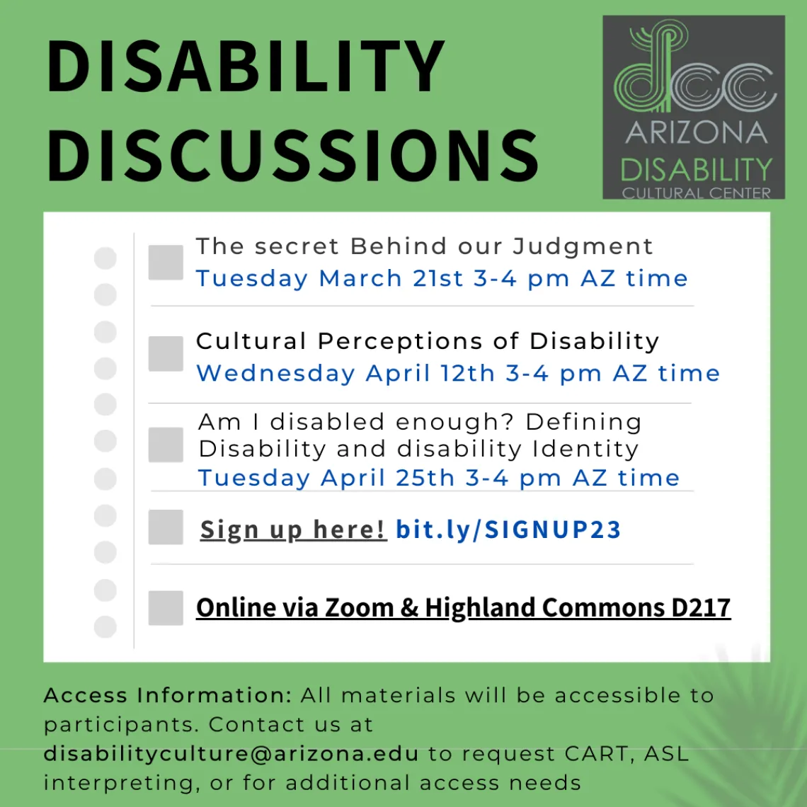 Flyer for second part of Disability Discussions for Spring 2023