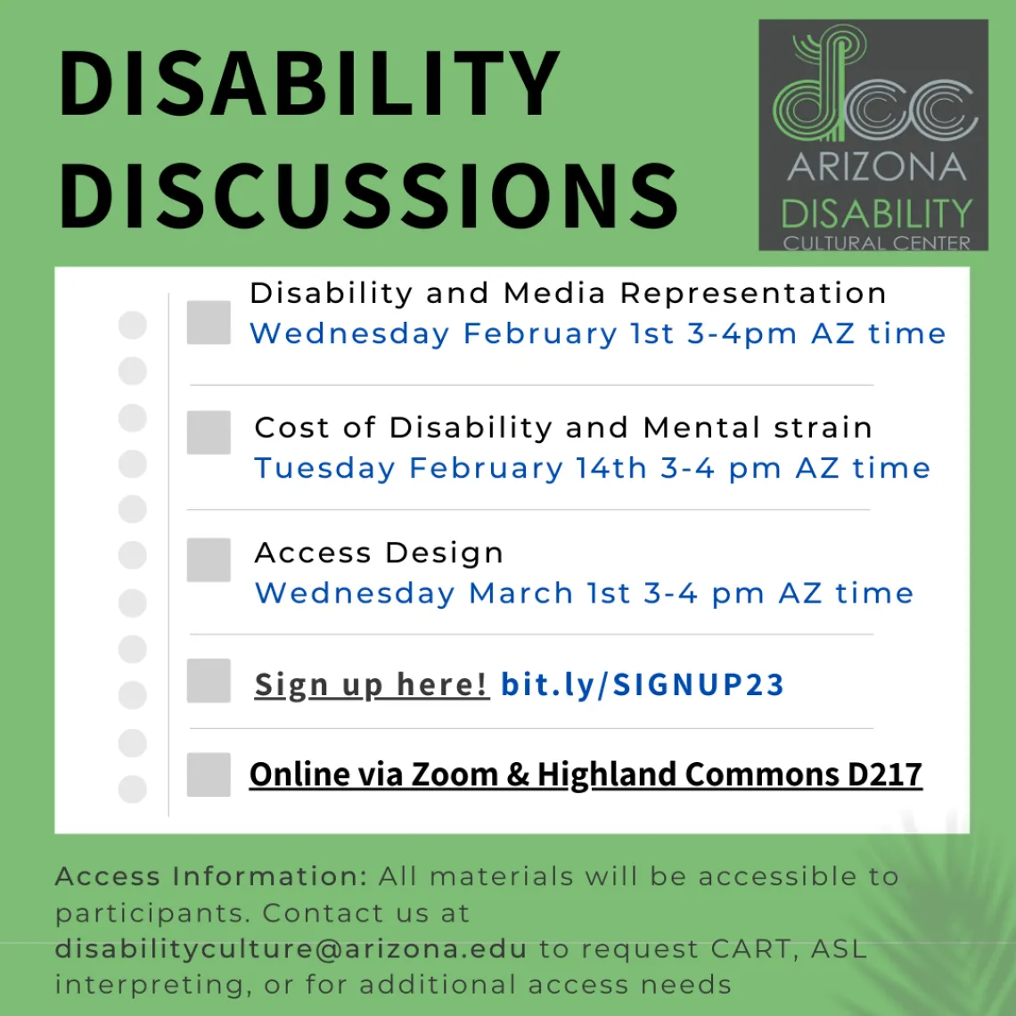 Flyer for Spring 2023 Disability Discussions