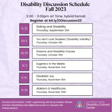 A flyer for DCCs Fall 23 Disability Discussion